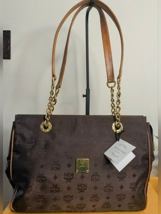 MCM Handbags - MCM Brown Logo Canvas Shoulder Tote with Gold Chain Handles
